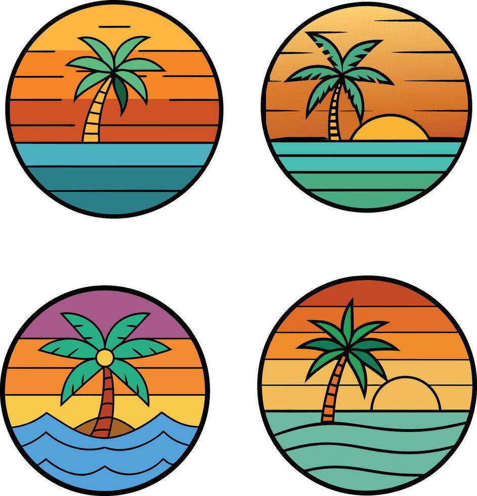 Palm tree with sun sets in sea beach vector