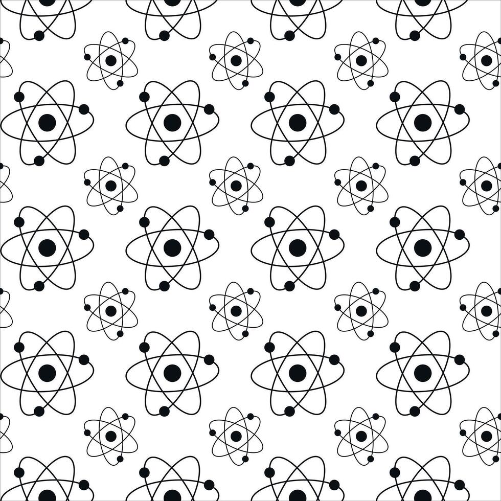 Seamless Black Atom Pattern on White Background. Concept of Science Illustration, Atomic Structure, Chemistry, Physics. Educational Design Element, Scientific Wallpaper, Wrapping paper, Print, Art vector