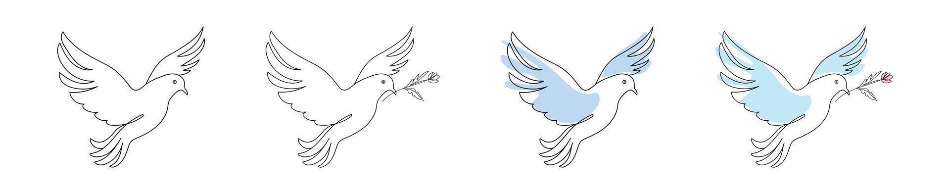 Set of Four Dove Illustrations with Flowers in Blue Tones on White Background. Pigeons in flight. Concept of Peace, Love, Minimalist Style, Decorative Art, freedom, hope. Print, Icon, Design Element vector