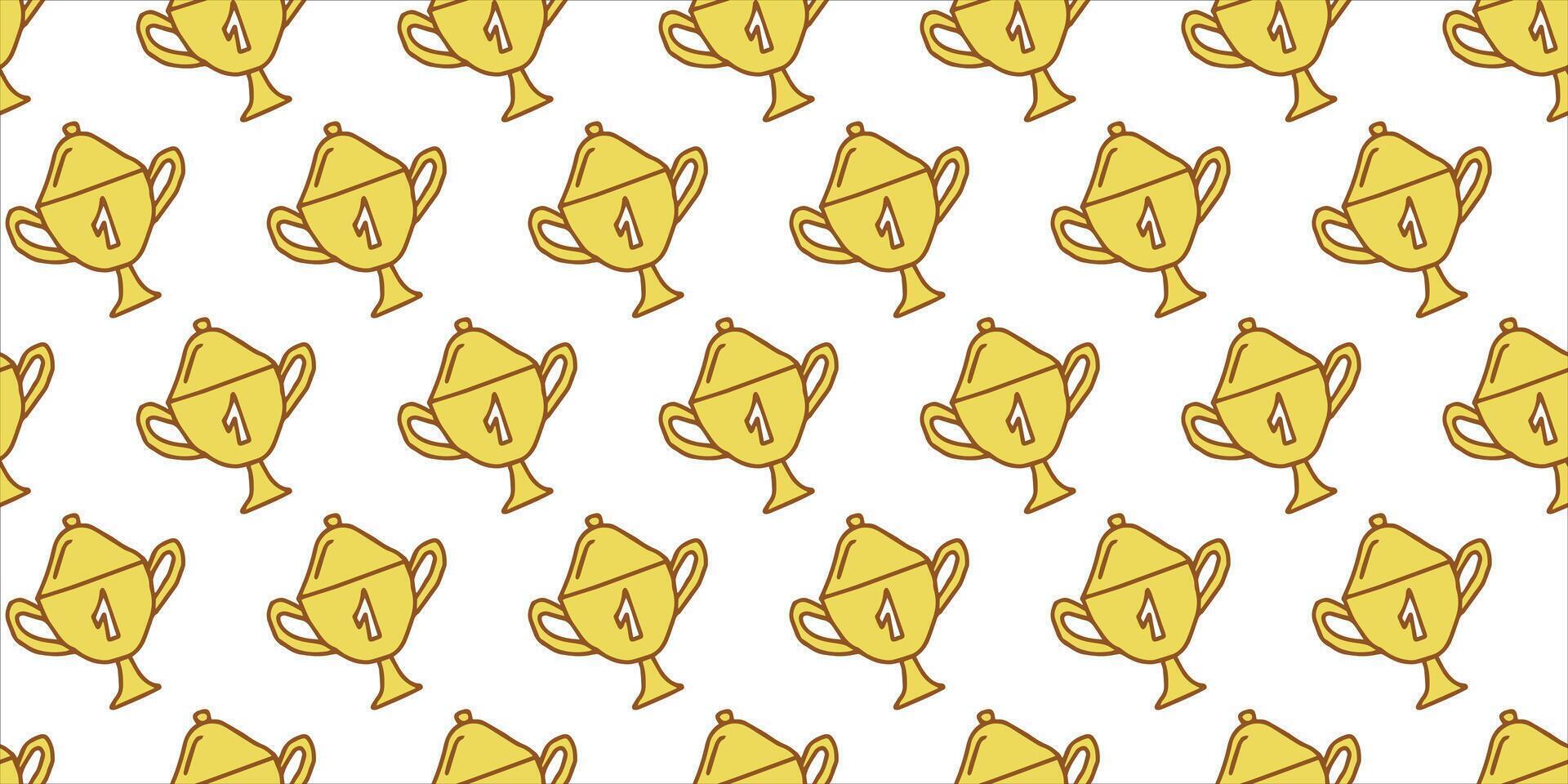 Seamless Pattern of Golden trophy Cups with Number One on White Background. Concept of Success, Achievement, Award Trophies, Winning, victory, prize, first place award. Wallpaper, Textile, Print vector