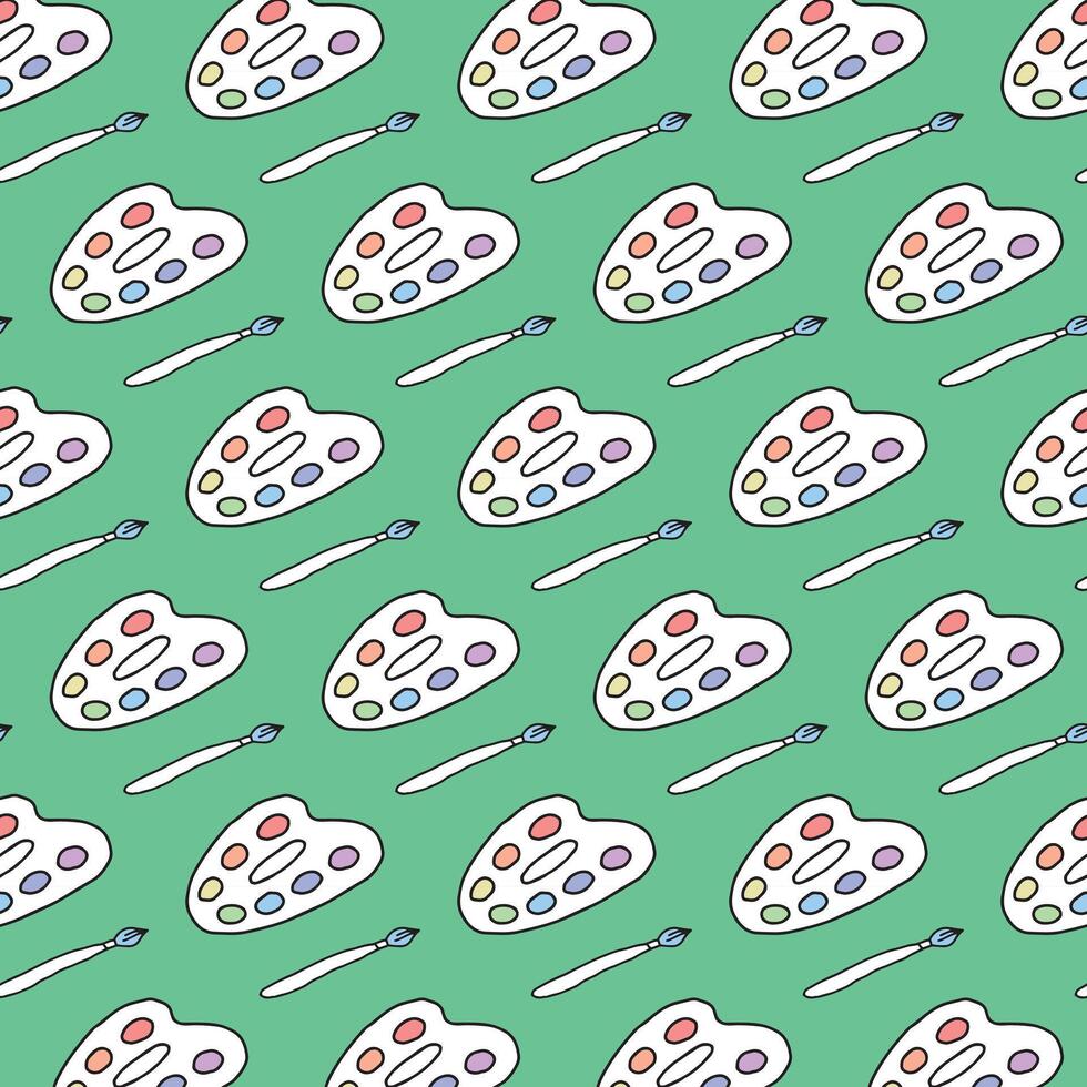 Seamless pattern of colorful artist palettes and brushes on green background. Concept of creative tools, art supplies, decorative design, painting essentials. Wallpaper, Print, Textile, Stationery vector