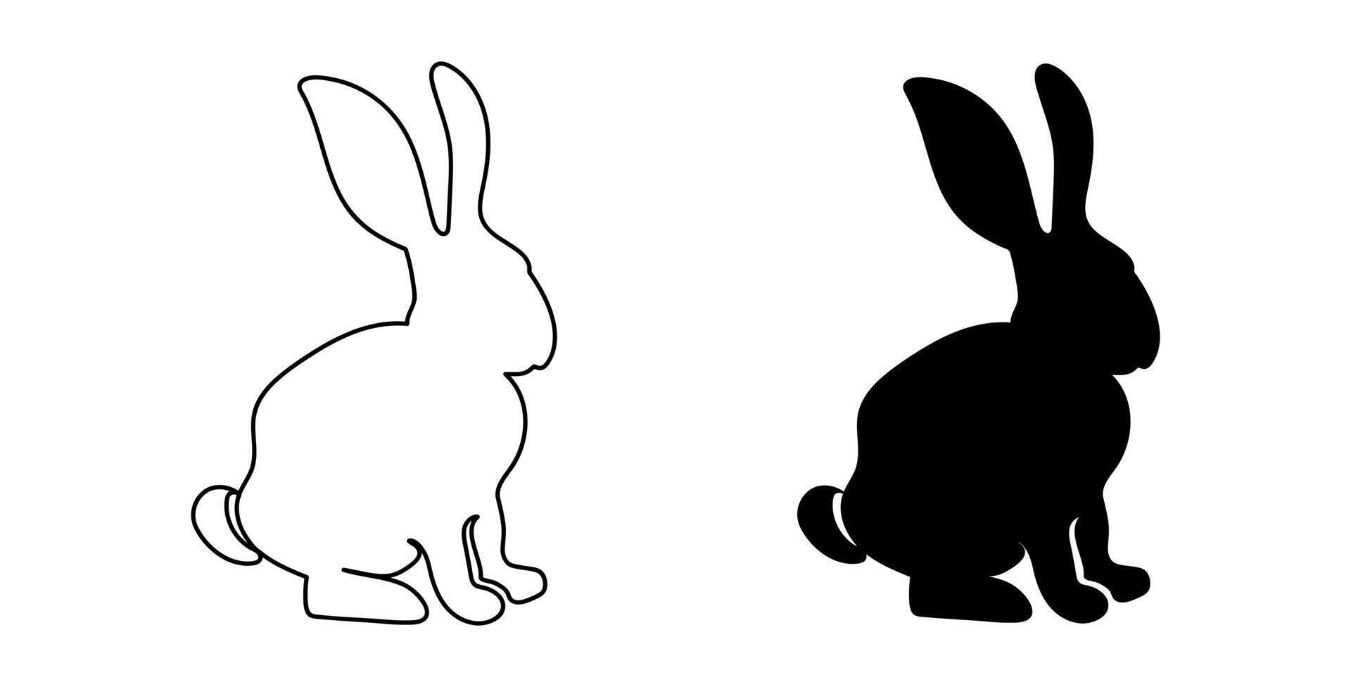 Set of Black Silhouette and Outline of Sitting Rabbits Isolated on a White Background. Cute Bunny or Hare. Concept of Animal Art, pet, Minimalist Design, Easter Theme, Icon, Logo, Design Element vector