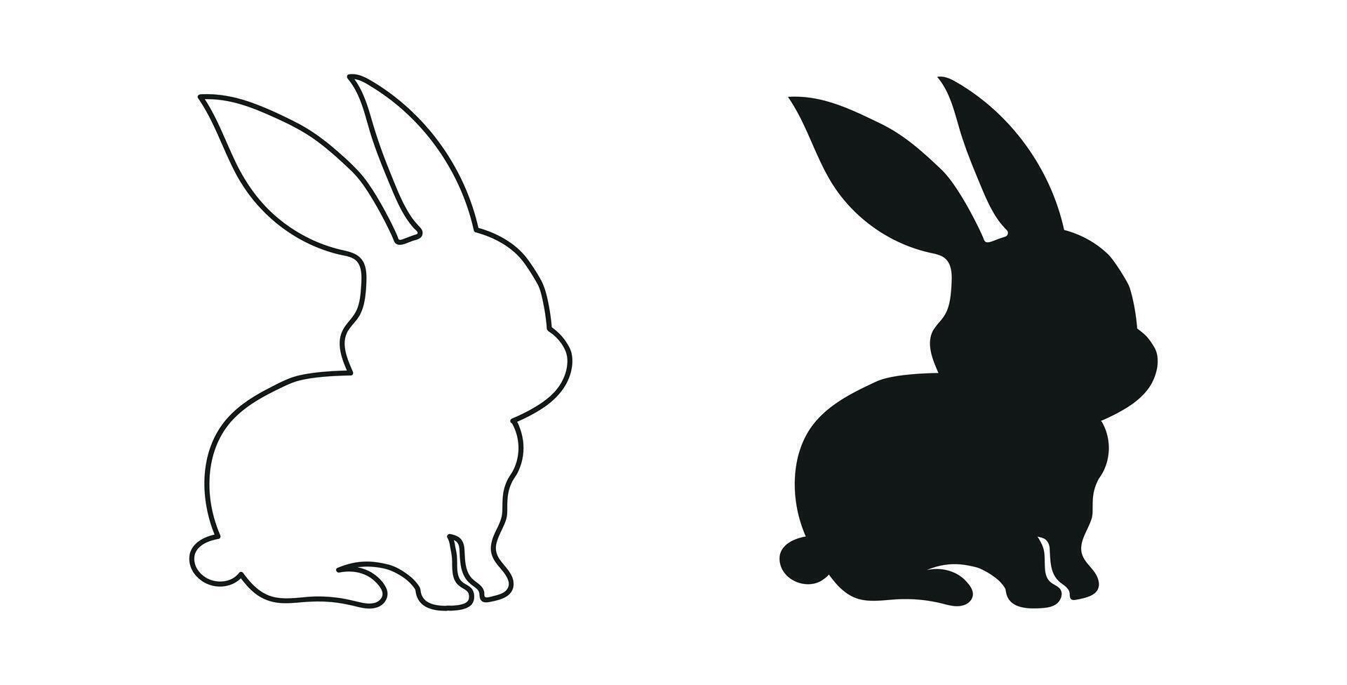 Set of Black Silhouette and Outline of Sitting Rabbits Isolated on a White Background. Cute Bunny or Hare. Concept of Animal Illustration, Minimalist Design, Easter Theme, Icon, Logo, Design Element vector