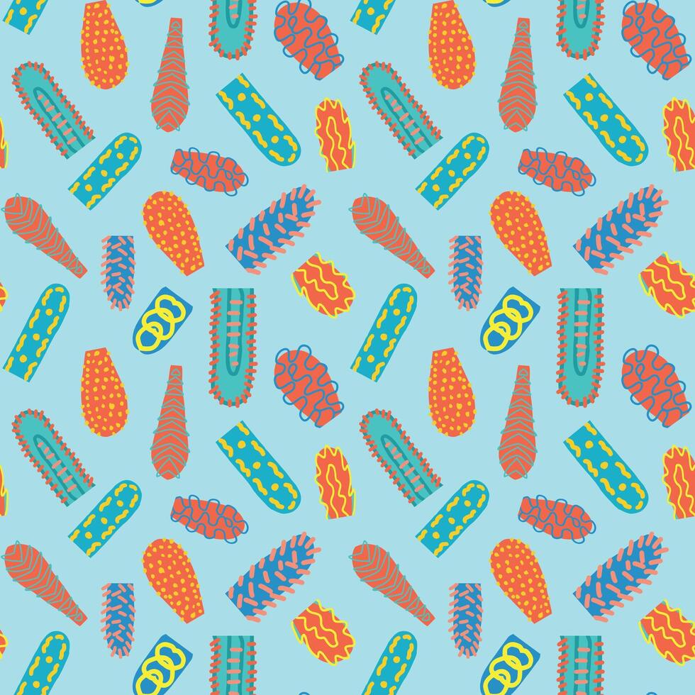 Seamless pattern with colorful abstract Memphis-style elements on blue background. Concept of bacteria, viruses, columns, cacti, stalactites. Fun design for textile, wrapping paper, creative project vector