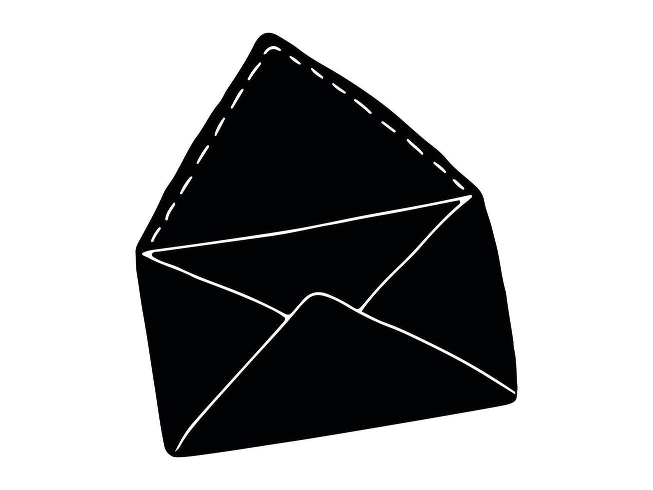 Black Silhouette Drawing of Open Envelope isolated on white background. Concept of Mail Icon, Postal Service, Communication, Hand-Drawn Art. Design Element for Stationery, Invitations, Business vector