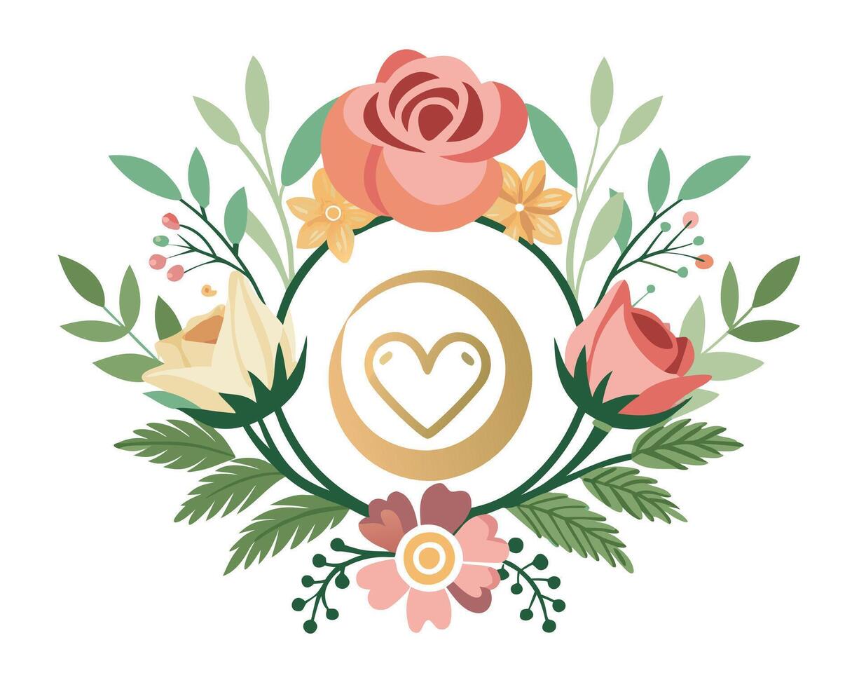 A floral wreath with a heart and roses vector