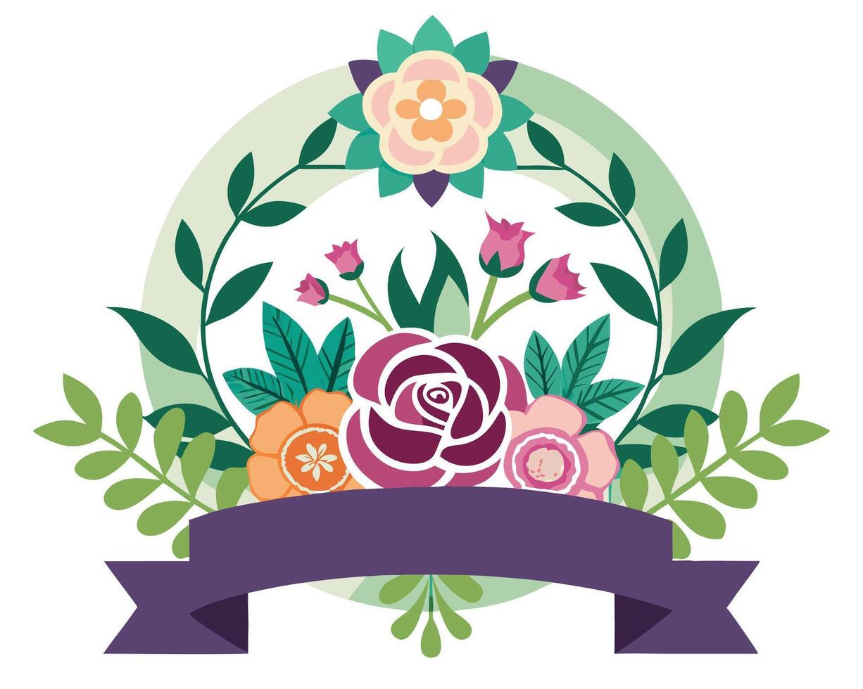 Floral emblem with ribbon and flowers illustration vector
