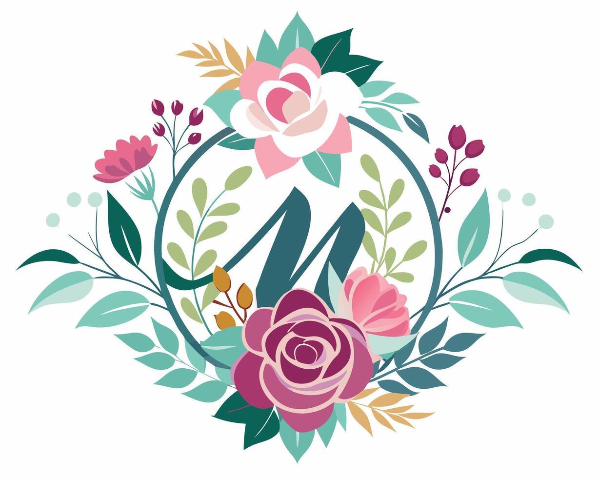 The letter m is surrounded by flowers and leaves vector