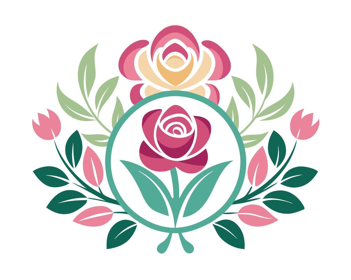 A rose is in the center of a circle with leaves vector
