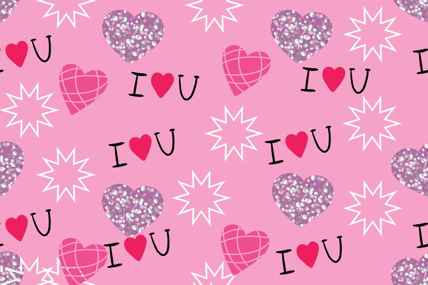 Trendy Valentine's Day pattern with glitter hearts, I love you text, and star elements in a playful pink design. Romantic Love background template for branding, wallpapers, packaging, website banner vector