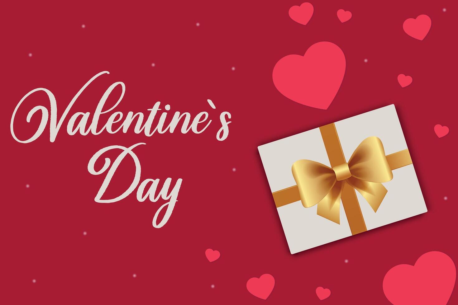 Minimalistic Valentine's Day greeting card with golden gift bow and hearts on a red background. Festive concept for background, greeting card, website and mobile website banner, social media banner. vector