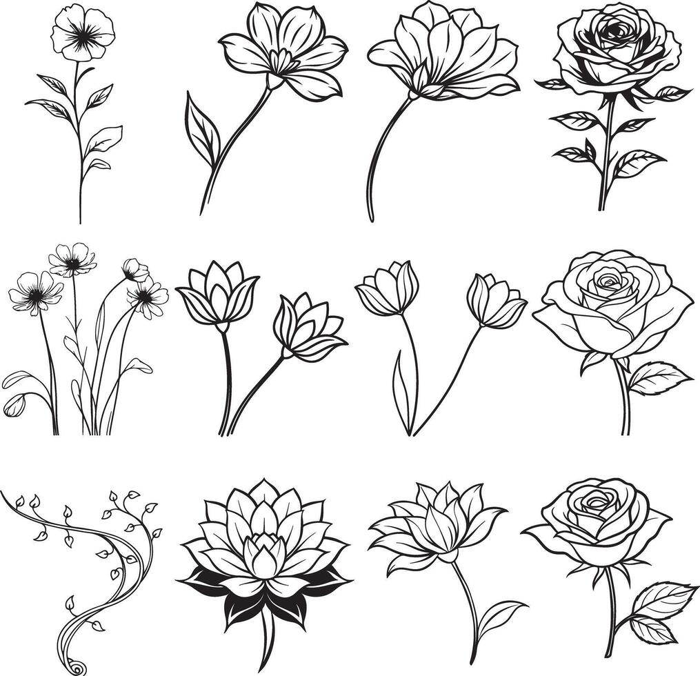 Hand-Drawn Outline Flowers for Your Artistic Projects vector