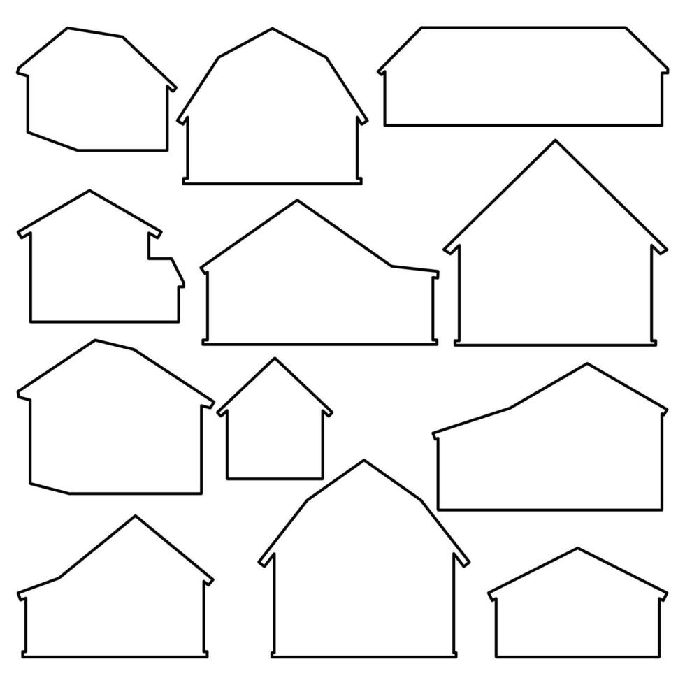 Big black barn silhouette line set. Different farm houses or barns. collection of illustration of wooden outline buildings vector