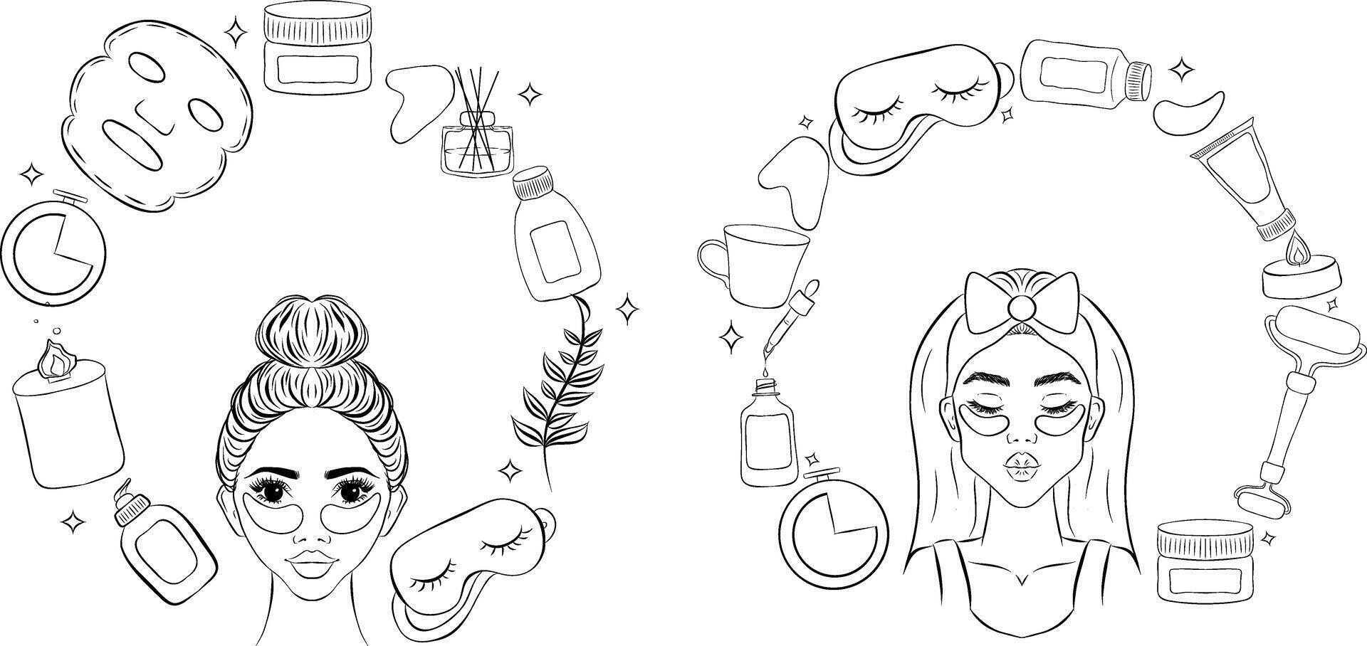 Skin care concept line composition set. Daily beauty routine. Moisturizing and rejuvenation. Line contemporary flat illustration vector