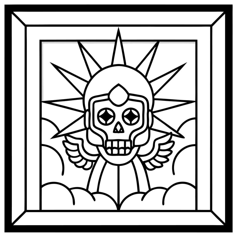 A black and white drawing of a skull with wings vector