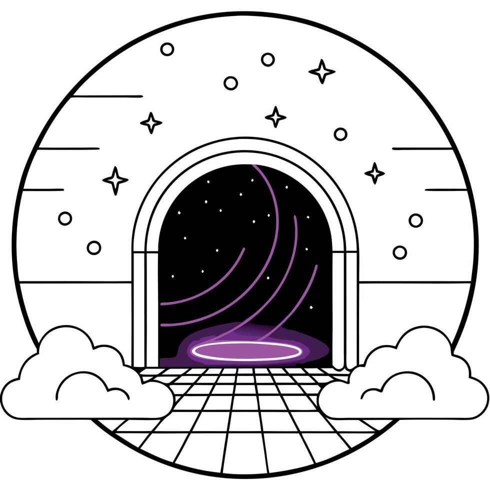 A cartoon door with clouds and stars in the background vector