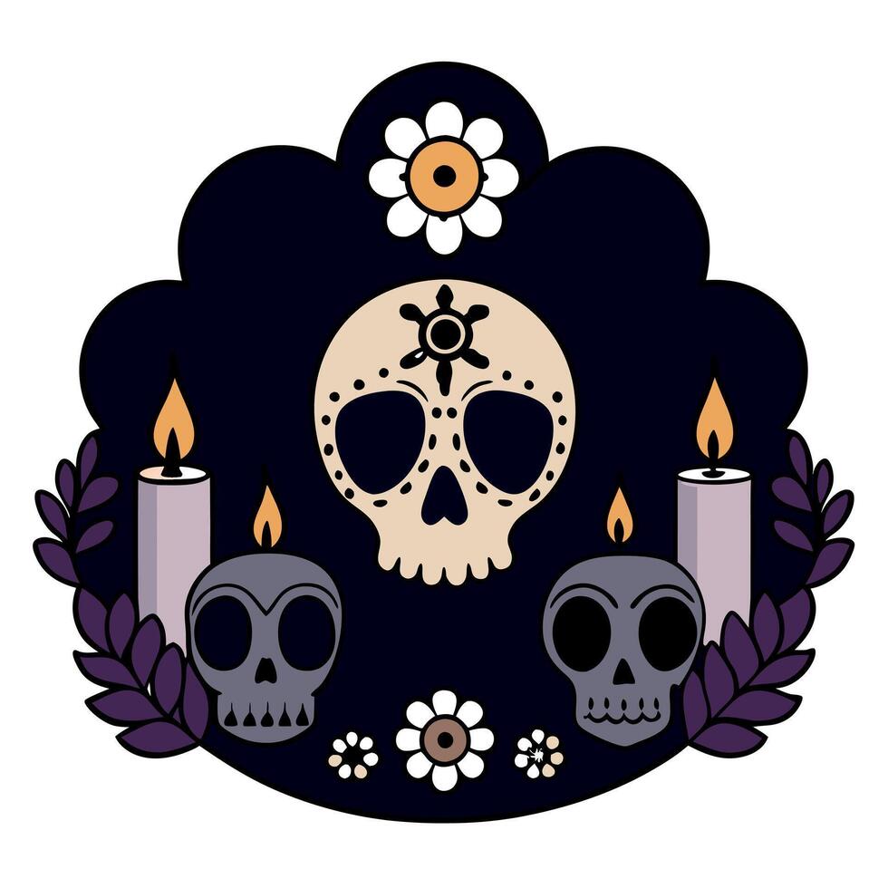 Day of the dead skull with candles and flowers vector
