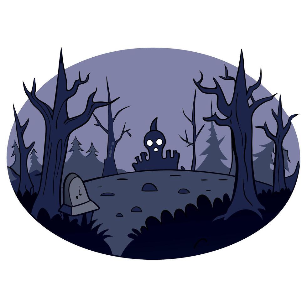 A cartoon graveyard with a ghost in the middle vector