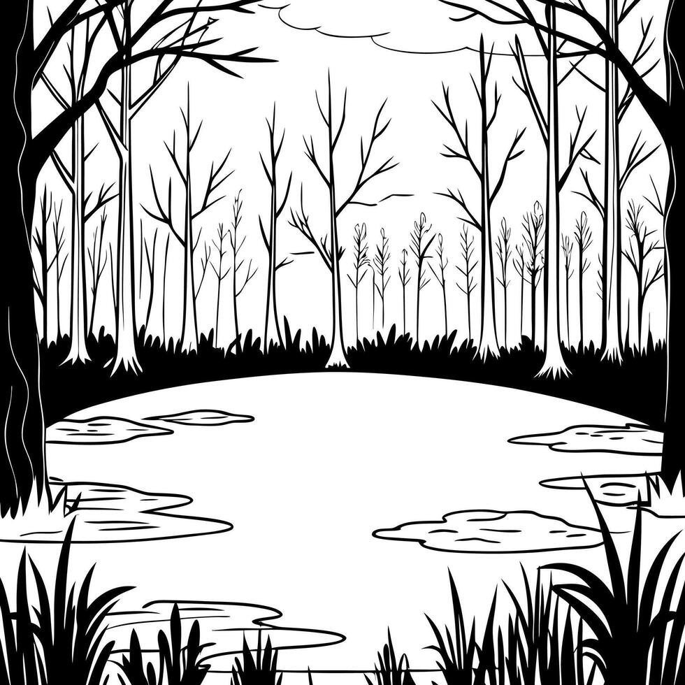 A black and white drawing of a pond in the forest vector
