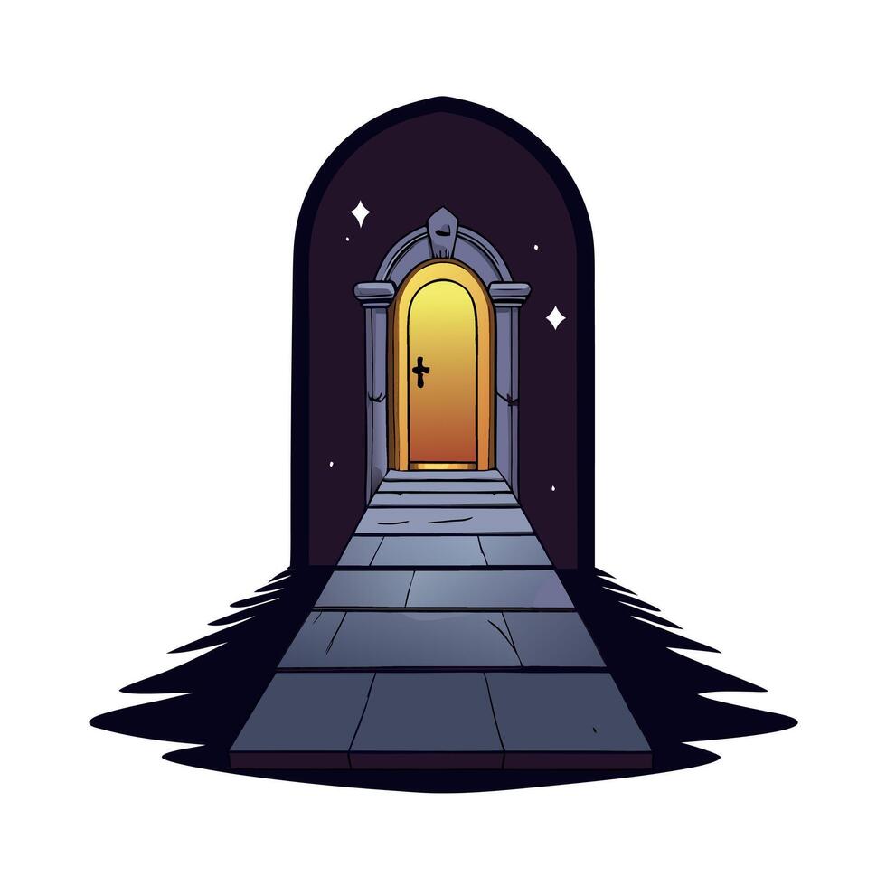 An open door with a yellow door in the middle of a dark tunnel vector