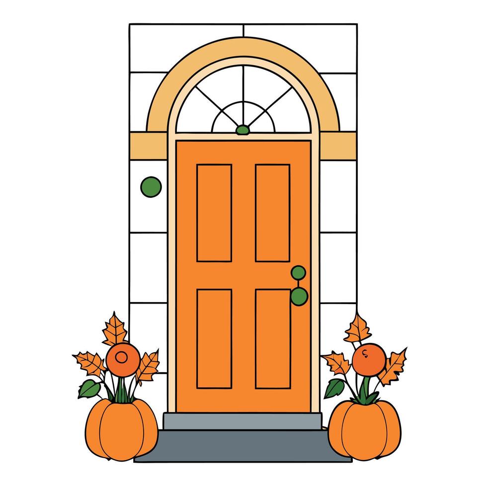 An orange door with pumpkins and flowers vector