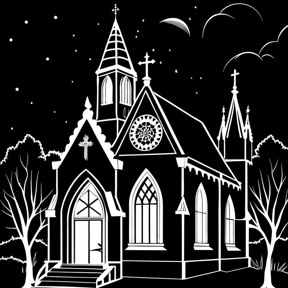 A black and white drawing of a church at night vector