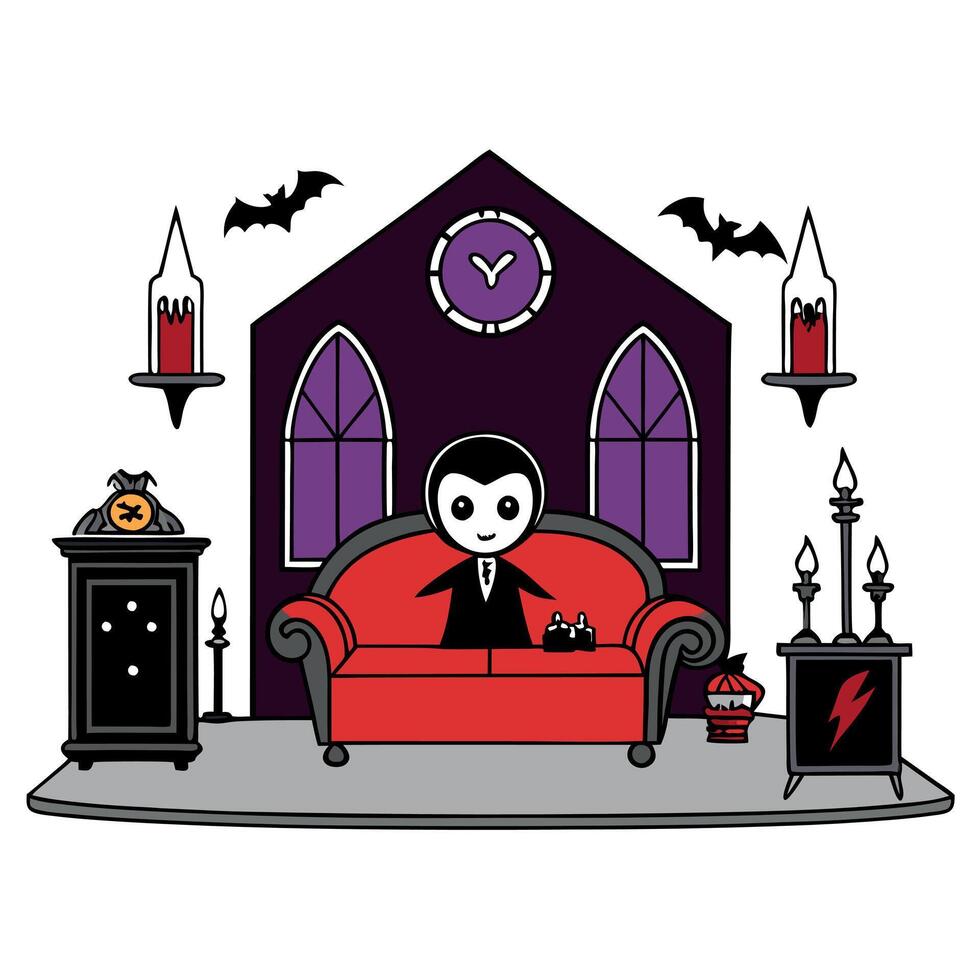 Halloween house with a vampire sitting on a red couch vector