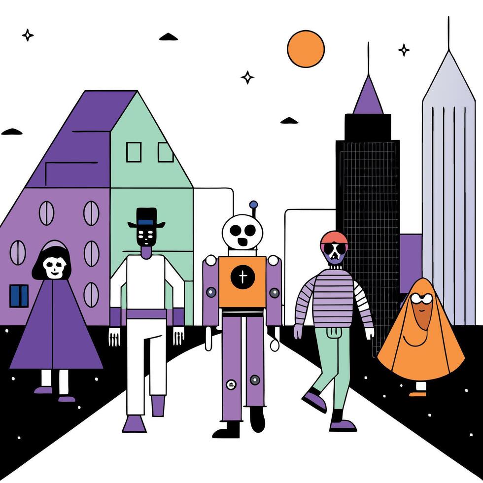 A group of people walking in front of a city vector