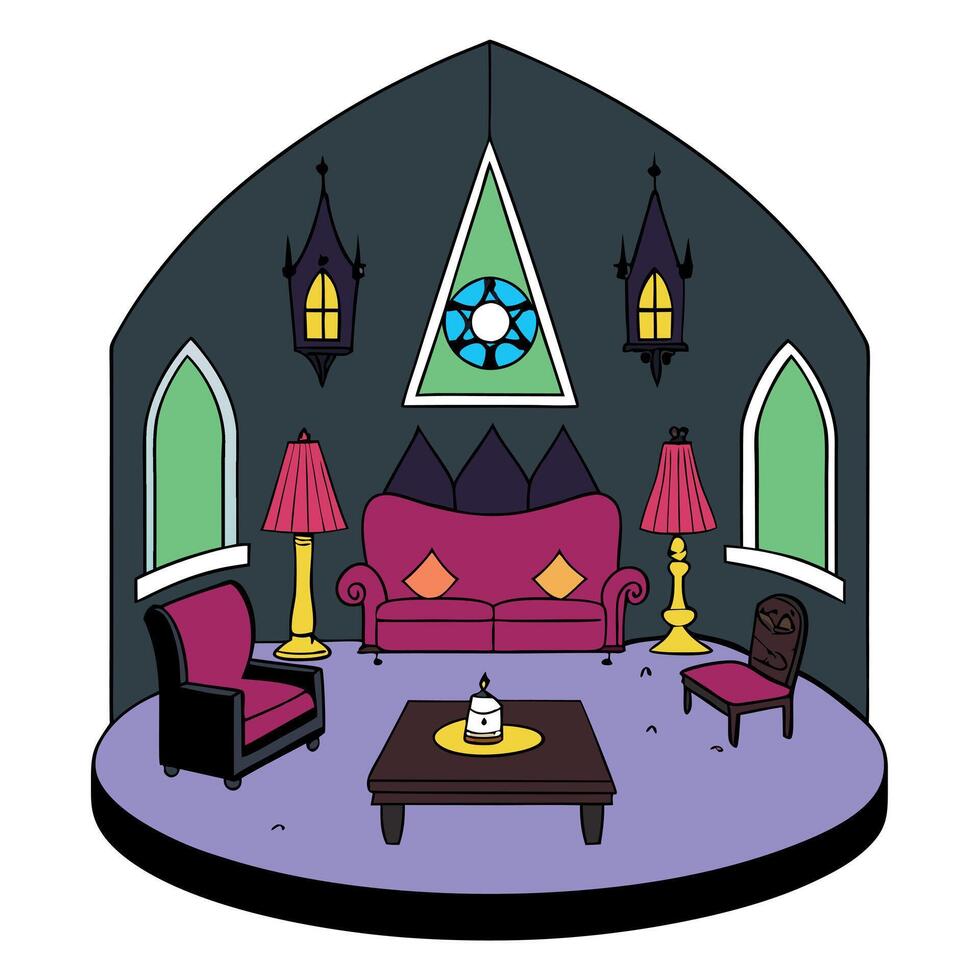 A cartoon illustration of a living room with a couch, coffee table and a window vector