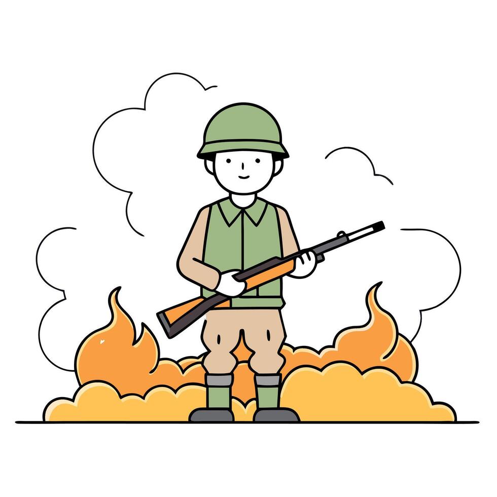 A soldier with a rifle standing in front of a fire vector