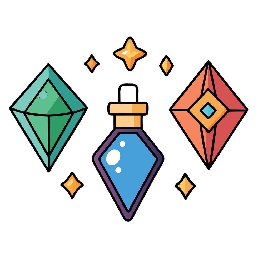 A set of three different colored crystals and a bottle vector
