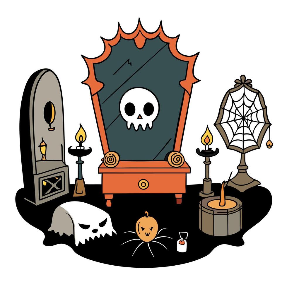 Halloween decor with a skull, a mirror, and a candle vector