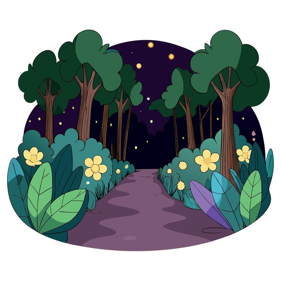 A cartoon illustration of a path through a forest at night vector