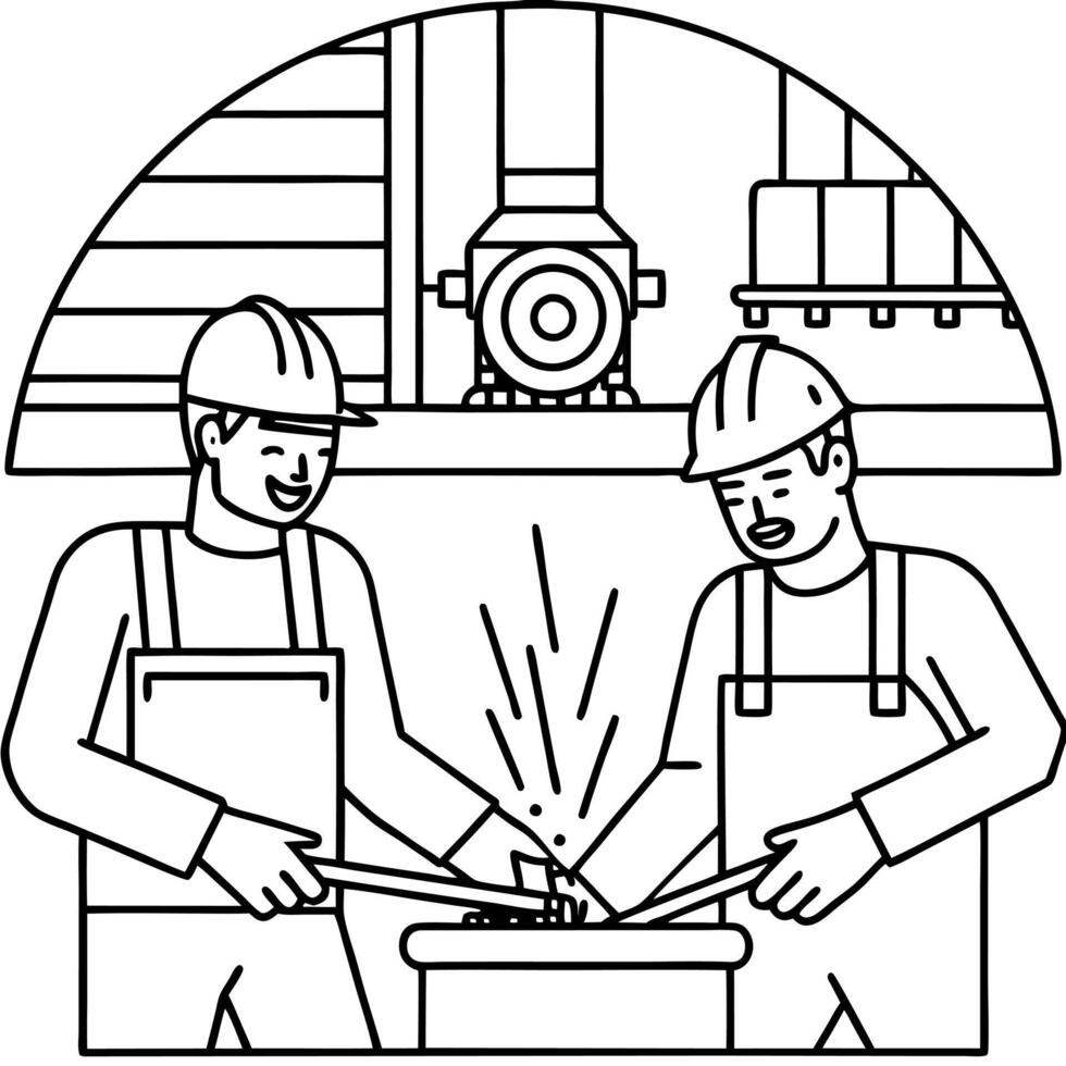 Two men working in a factory with a machine vector