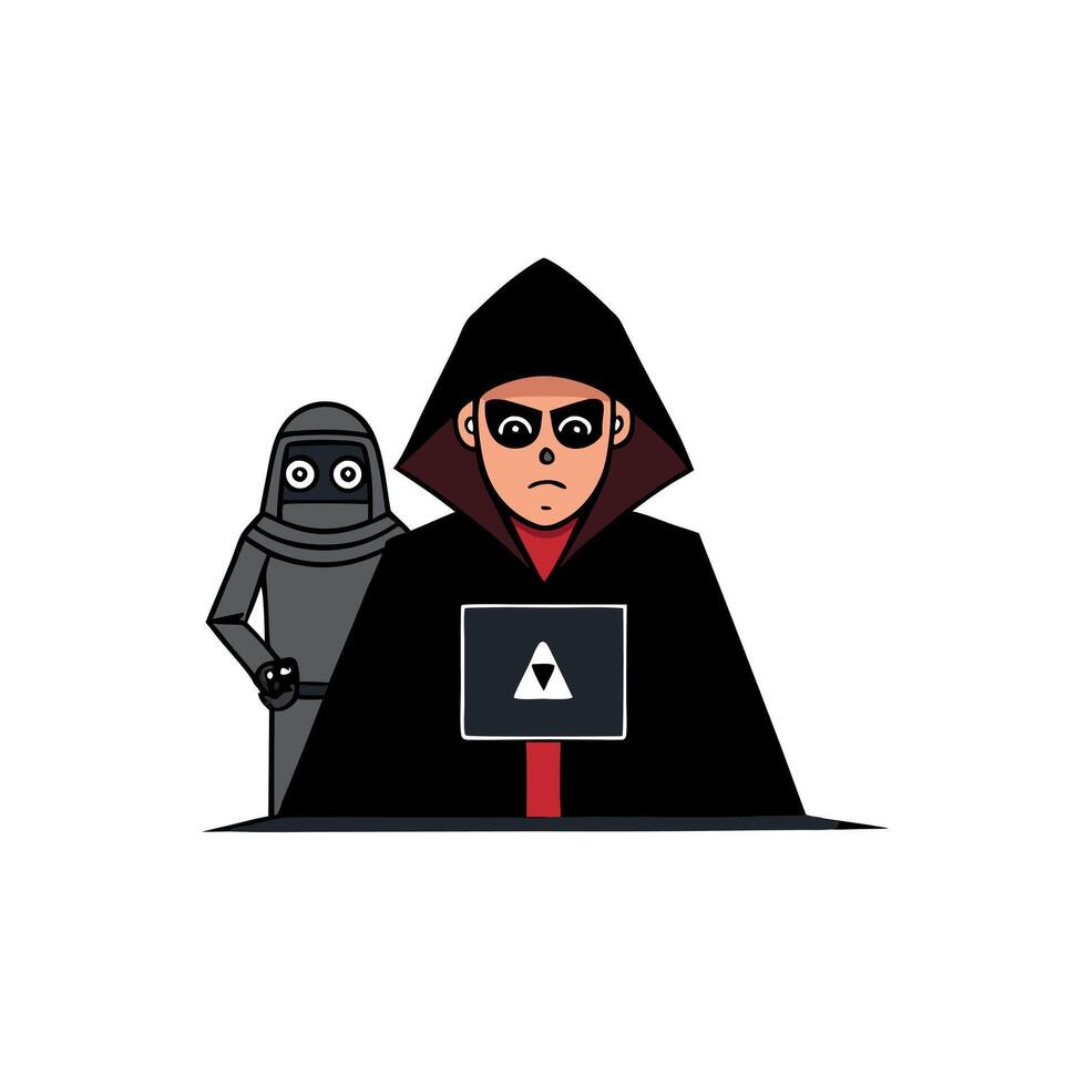 A man in a hoodie and mask is holding a laptop vector