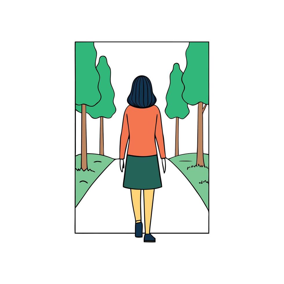 A woman walking down a path with trees in the background vector
