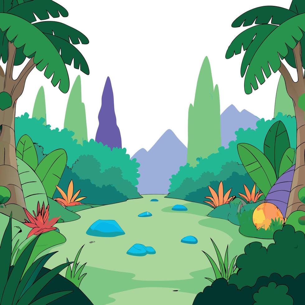 Cartoon jungle scene with trees, rocks and water vector
