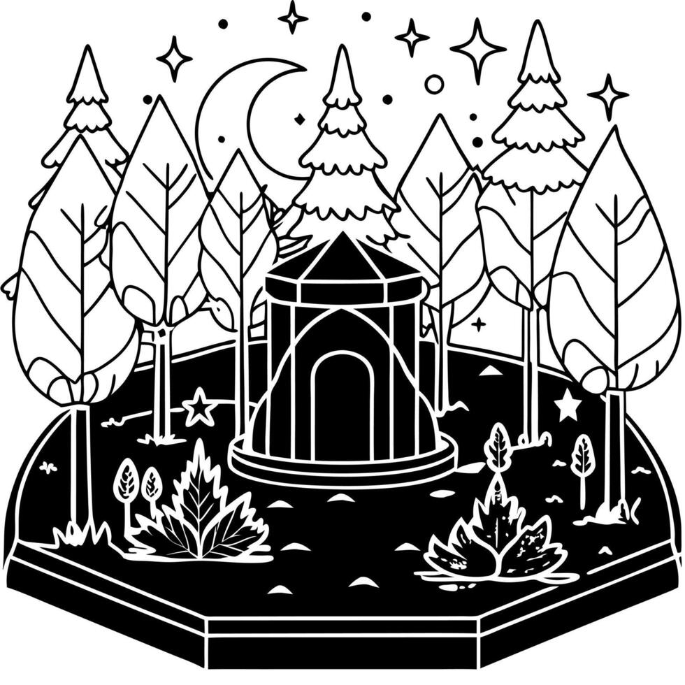 A black and white drawing of a forest with a house in the middle vector