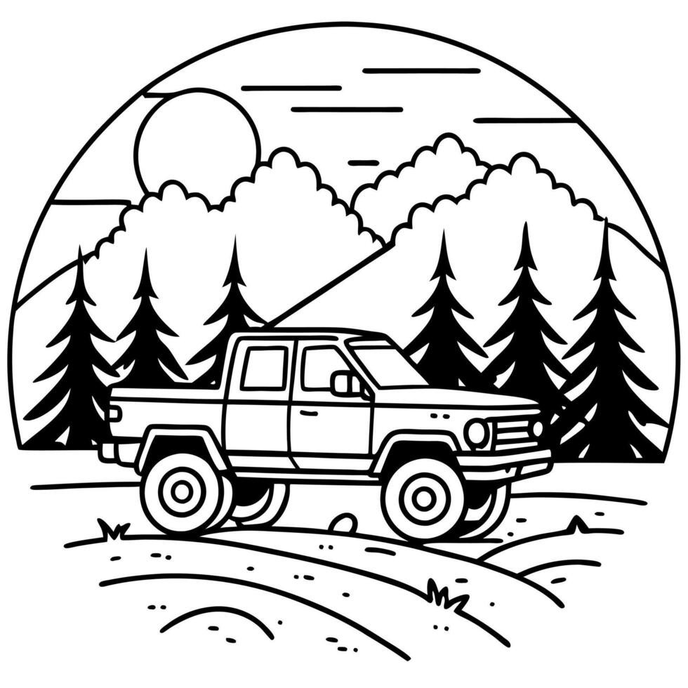 A black and white drawing of a truck driving through the forest vector