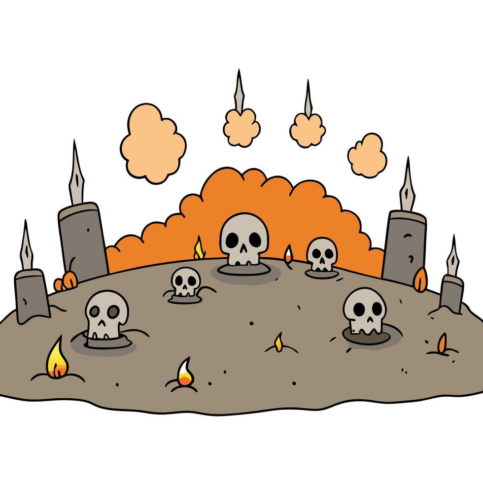 A cartoon drawing of skulls in a graveyard vector