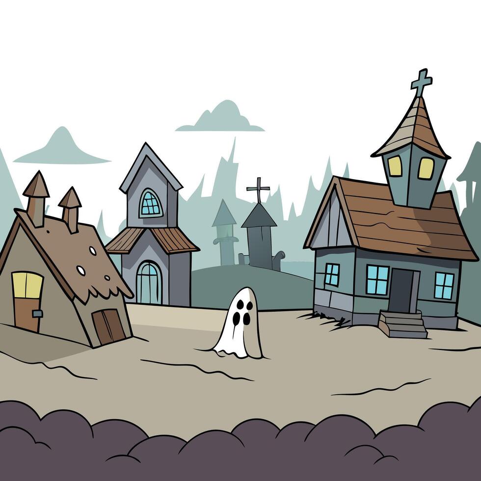 Cartoon ghost town with houses and a ghost vector