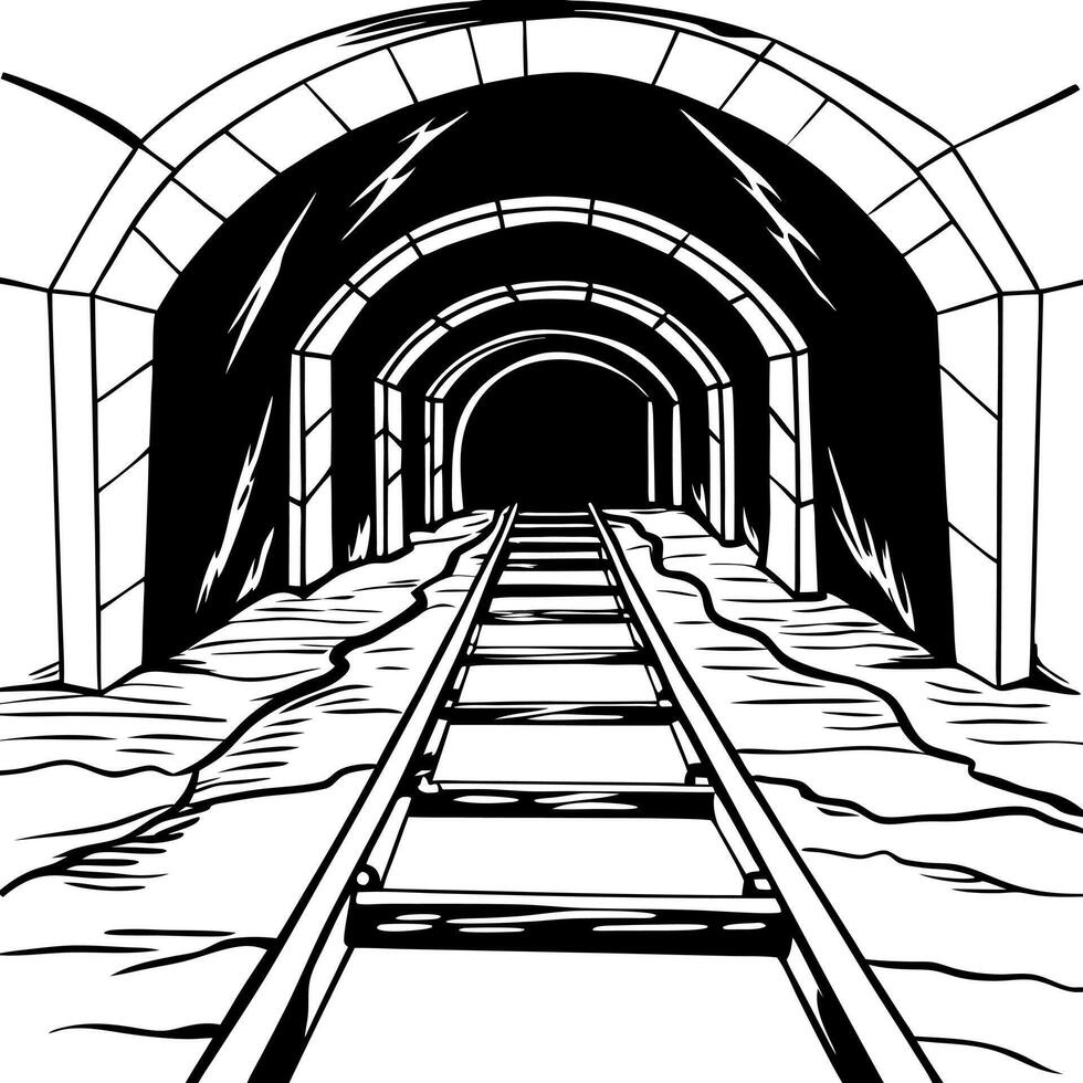 A black and white drawing of a tunnel with a train track vector
