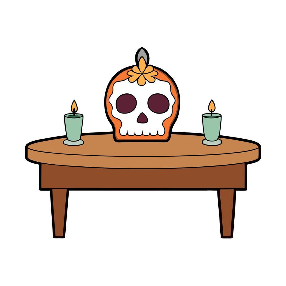 Day of the dead table with candles and skull vector