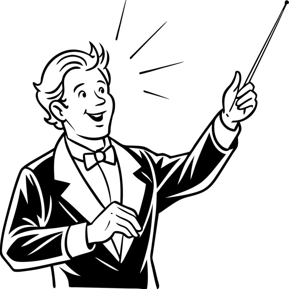 A black and white drawing of a conductor with a baton vector