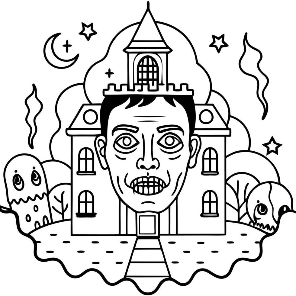 A halloween coloring page with a castle and a man in the background vector