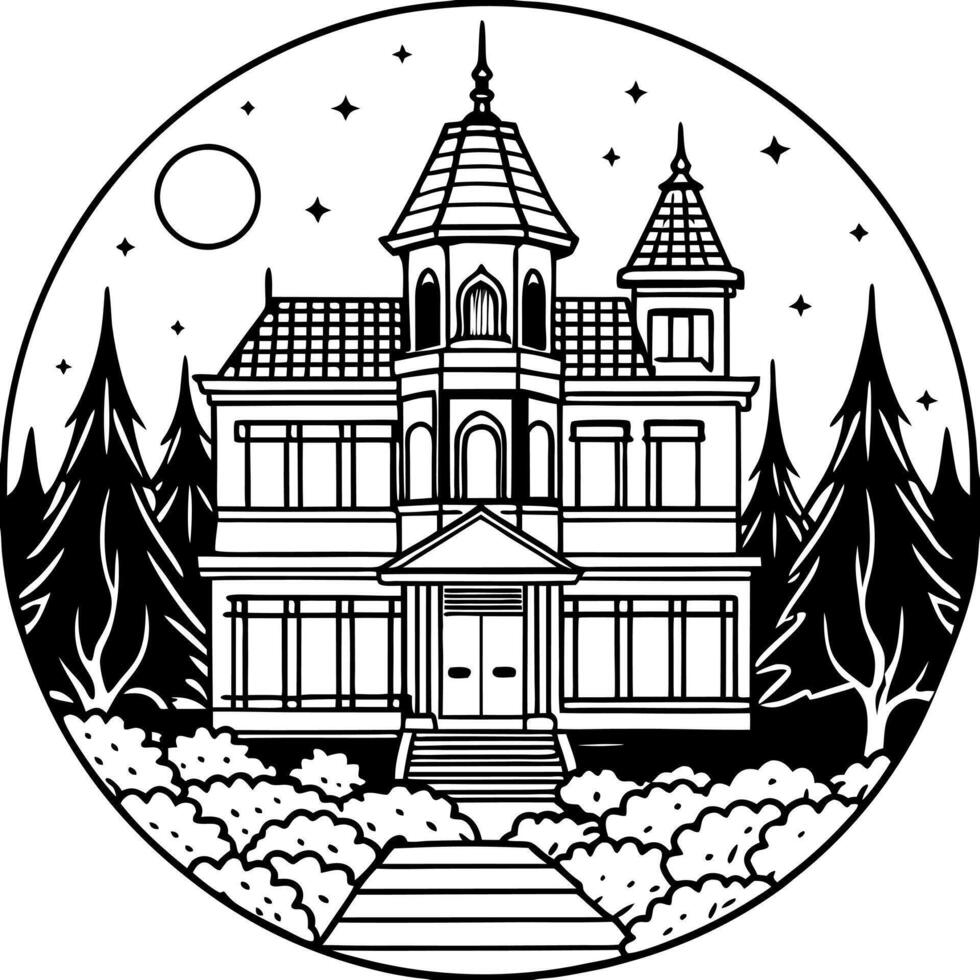 A black and white drawing of a house in the woods vector