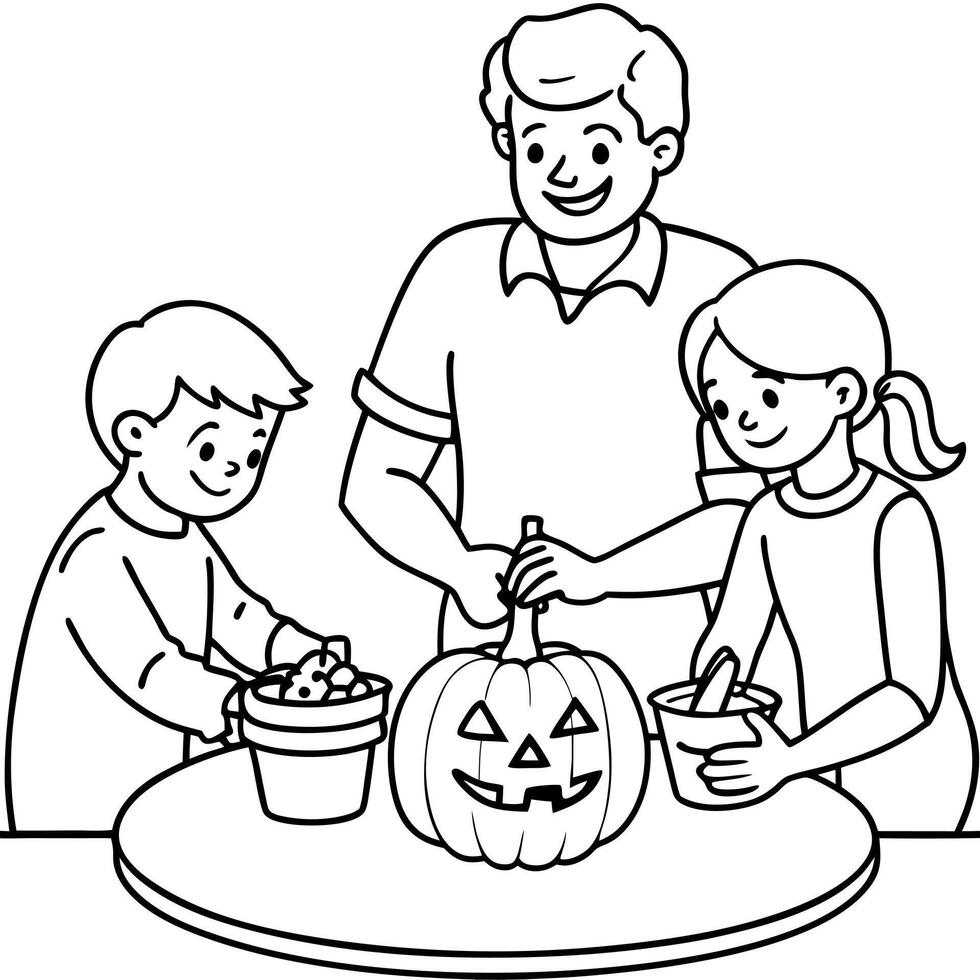 A family is carving a pumpkin coloring page vector