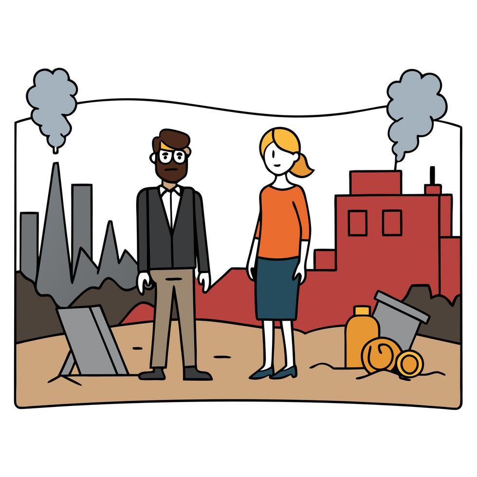 A cartoon of a man and woman standing in front of a factory vector