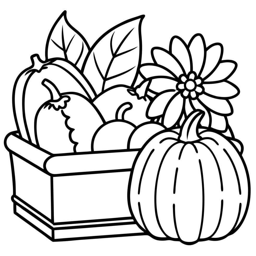 A basket full of pumpkins and flowers coloring page vector