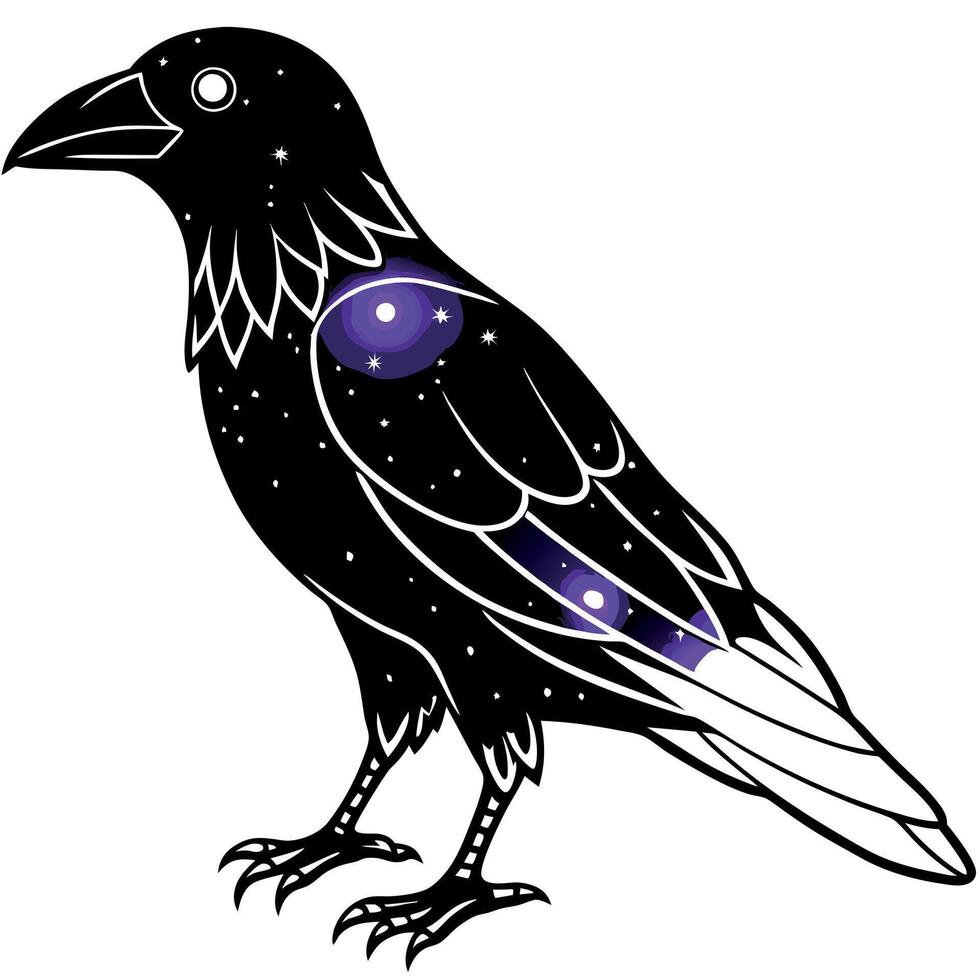 A black raven with purple stars on its wings vector